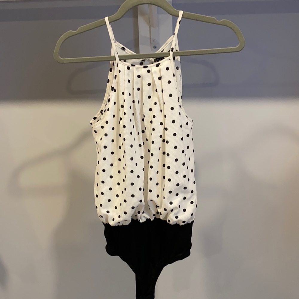 Spaghetti strap white with black polka dot bodysuit, never worn with tags